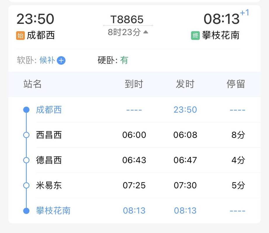 成都到攀枝花火车时刻表查询