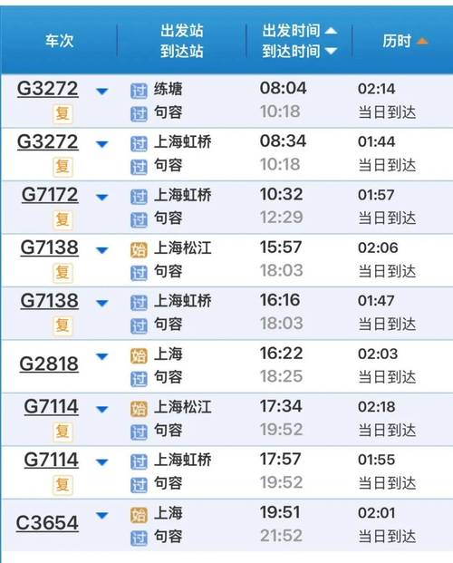 南京到上海虹桥高铁时刻表