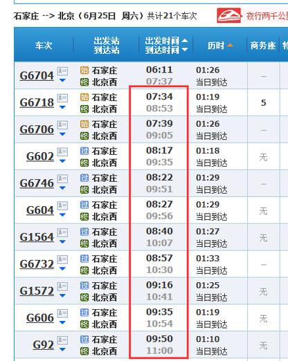 北京到石家庄的火车时刻表