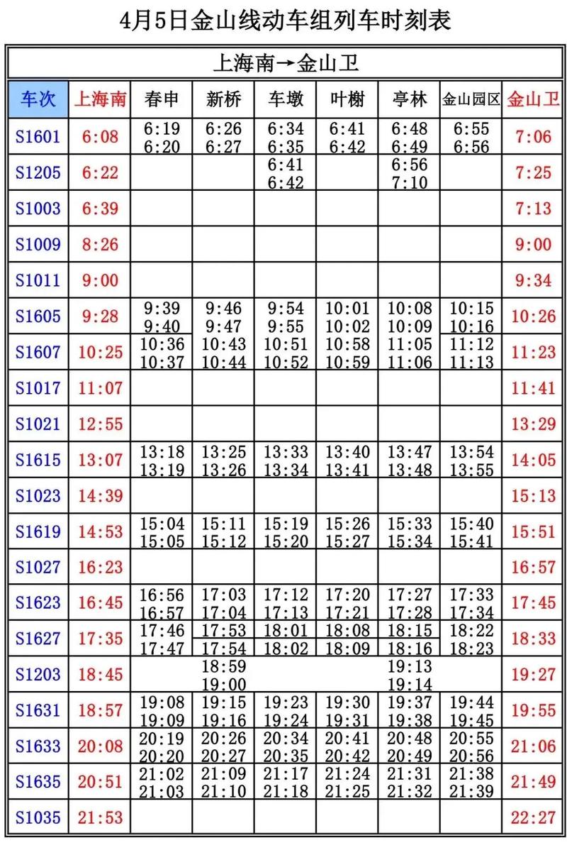 金山卫到上海南站时刻表
