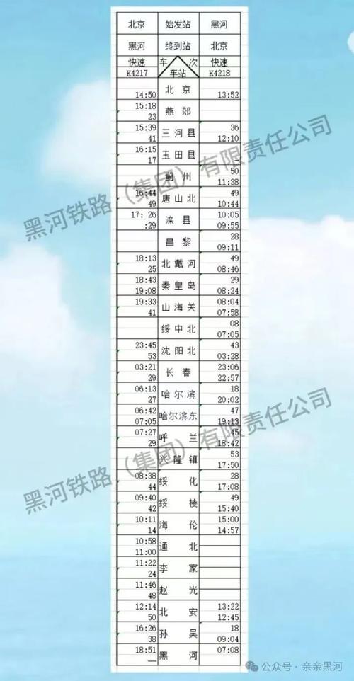 北京到黑河火车时刻表